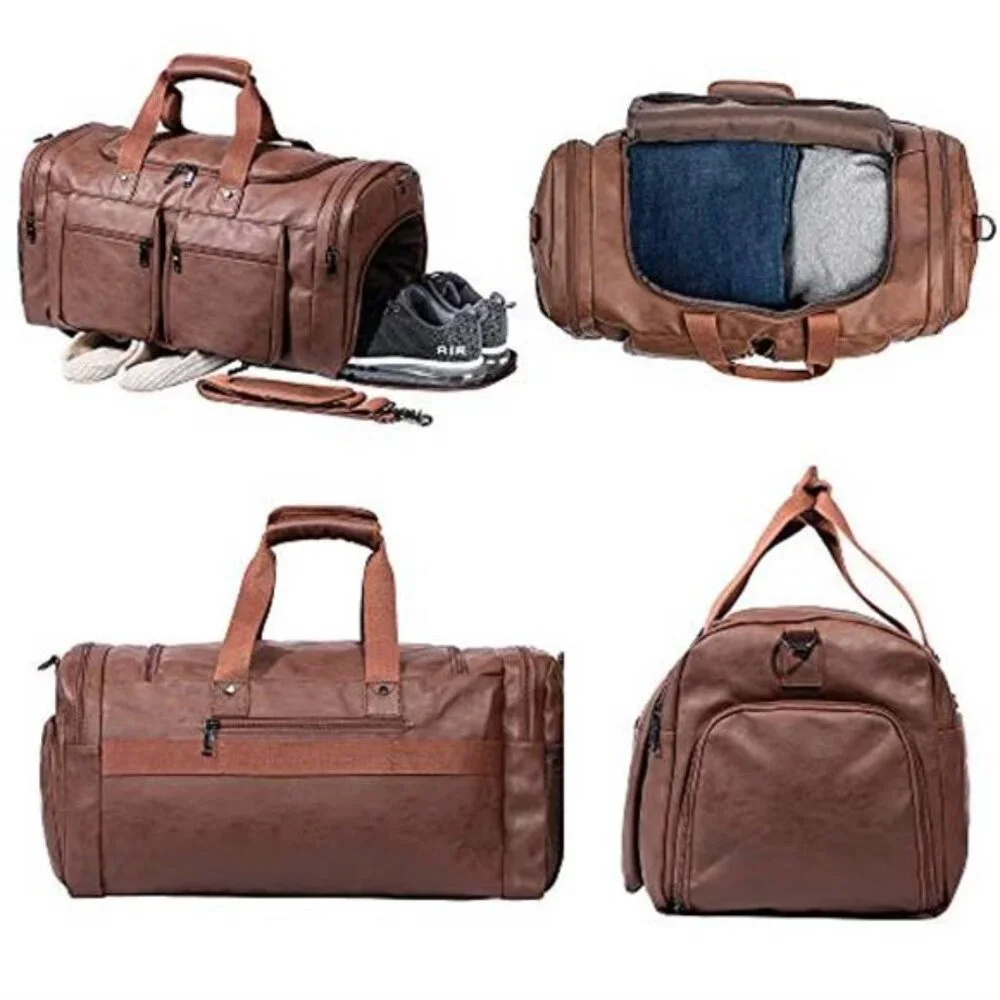 Leather Weekender Travel Bag Carry On Duffel Bag With Shoe Compartment Large